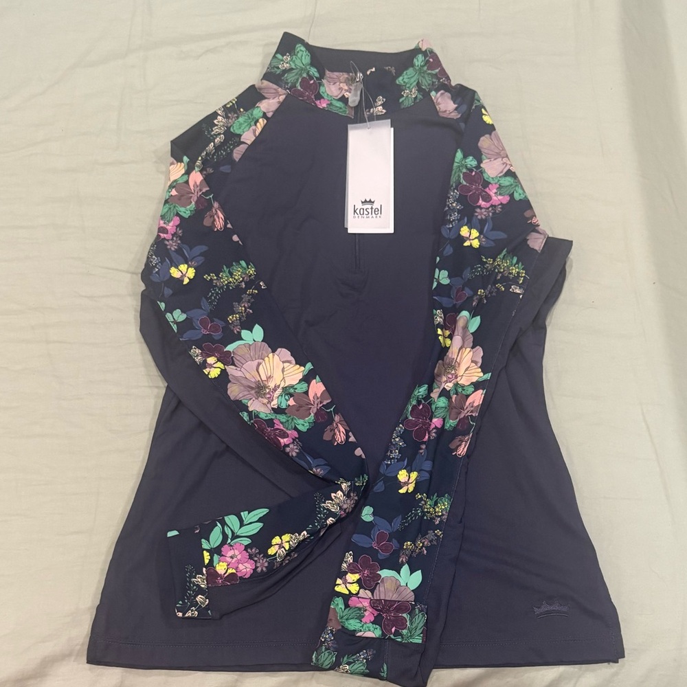 Kastel Navy Floral-Trim Long Sleeve Top